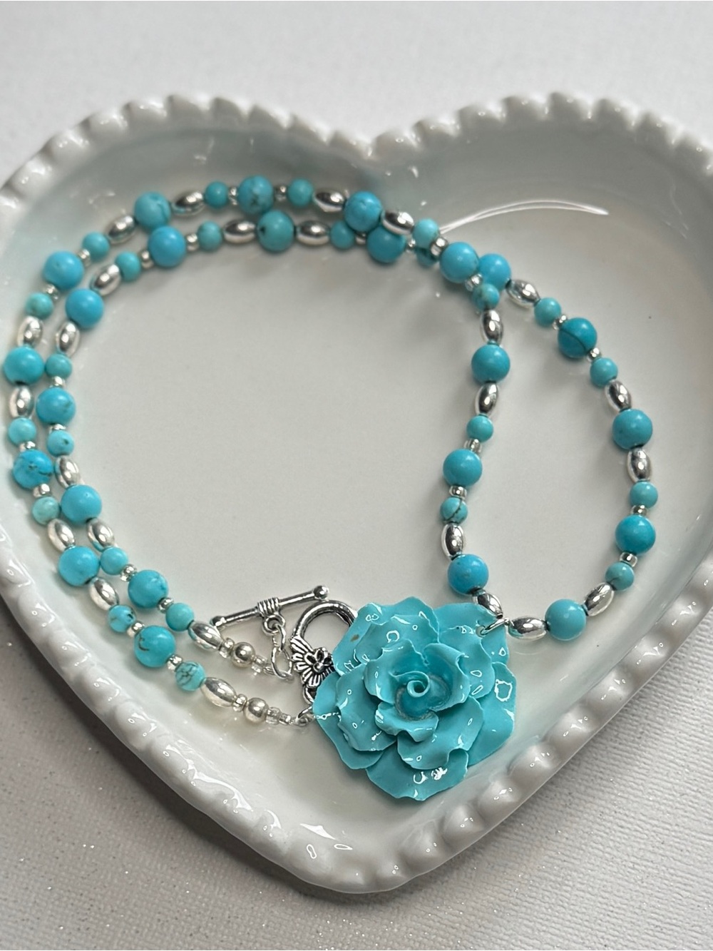 Turquoise Rose Beaded Necklace with Silver Accents - Women Jewelry